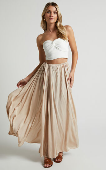 Under The Twilight Maxi Skirt - Thigh Split Skirt in Beige