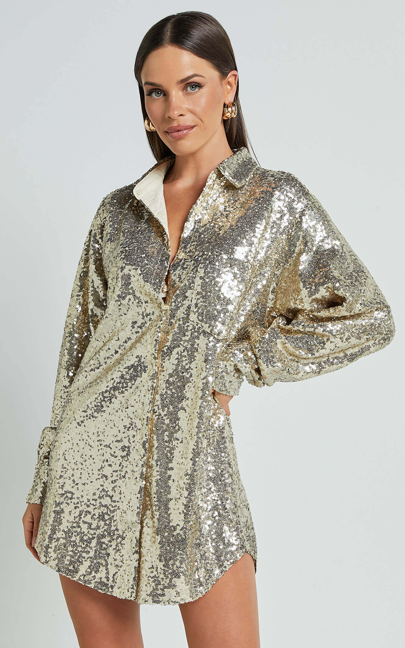 Cally Mini Dress Oversized Shirt Dress in Gold Sequin Showpo USA