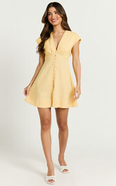 Tallulah Mini Dress - Linen V Neck A Line Dress in Lemon | Showpo USA