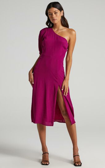 Tatiana Midi Dress - One Shoulder Thigh Split Dress in Mulberry