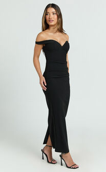 Vinnie Midi Dress - Off Shoulder Bustier Side Tuck Fitted Dress in Black