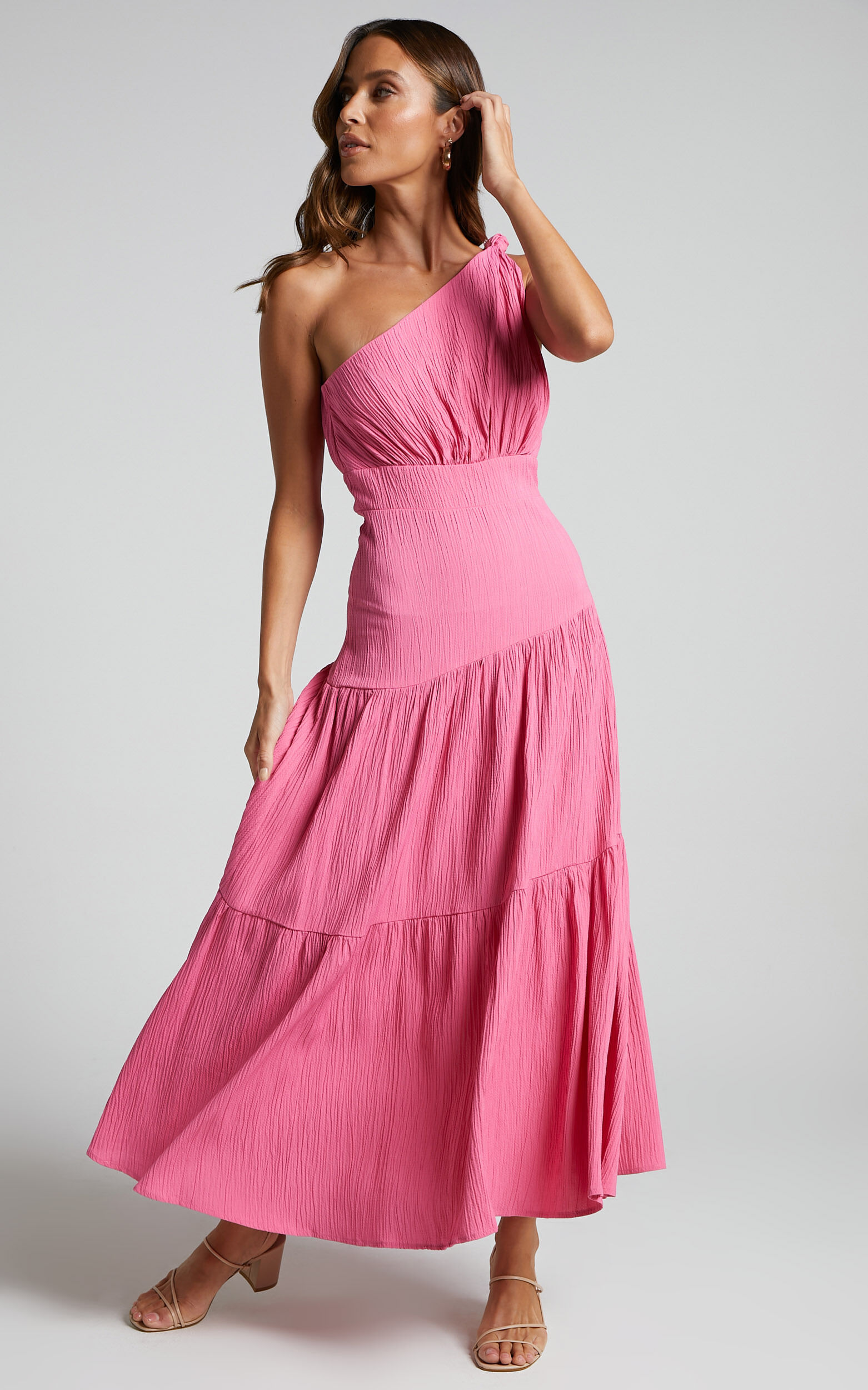 Celestia Midi Dress Tiered One Shoulder Dress in Bright Pink
