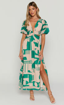 Lindey Midi Dress - Side Cut Plunge Neck Puff Sleeve Dress in Green and Cream Geo