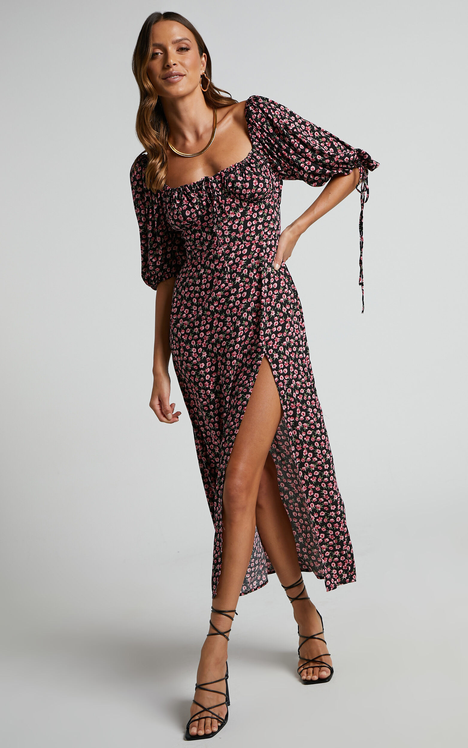Rosario Midi Dress - Ruched Bust Puff Sleeve Dress in Black Floral - 04, BLK1