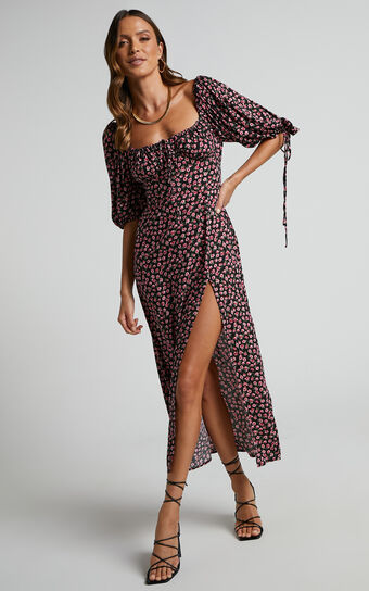 Rosario Midi Dress  Ruched Bust Puff Sleeve in Black Floral