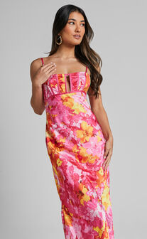 Eliza Midi Dress - Ruched Bust Cut Out Dress in Pink Floral