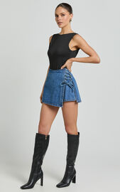 Ronnie Skort - Mid Waist Lace Up Denim Skort in Dark Blue Wash | Showpo USA