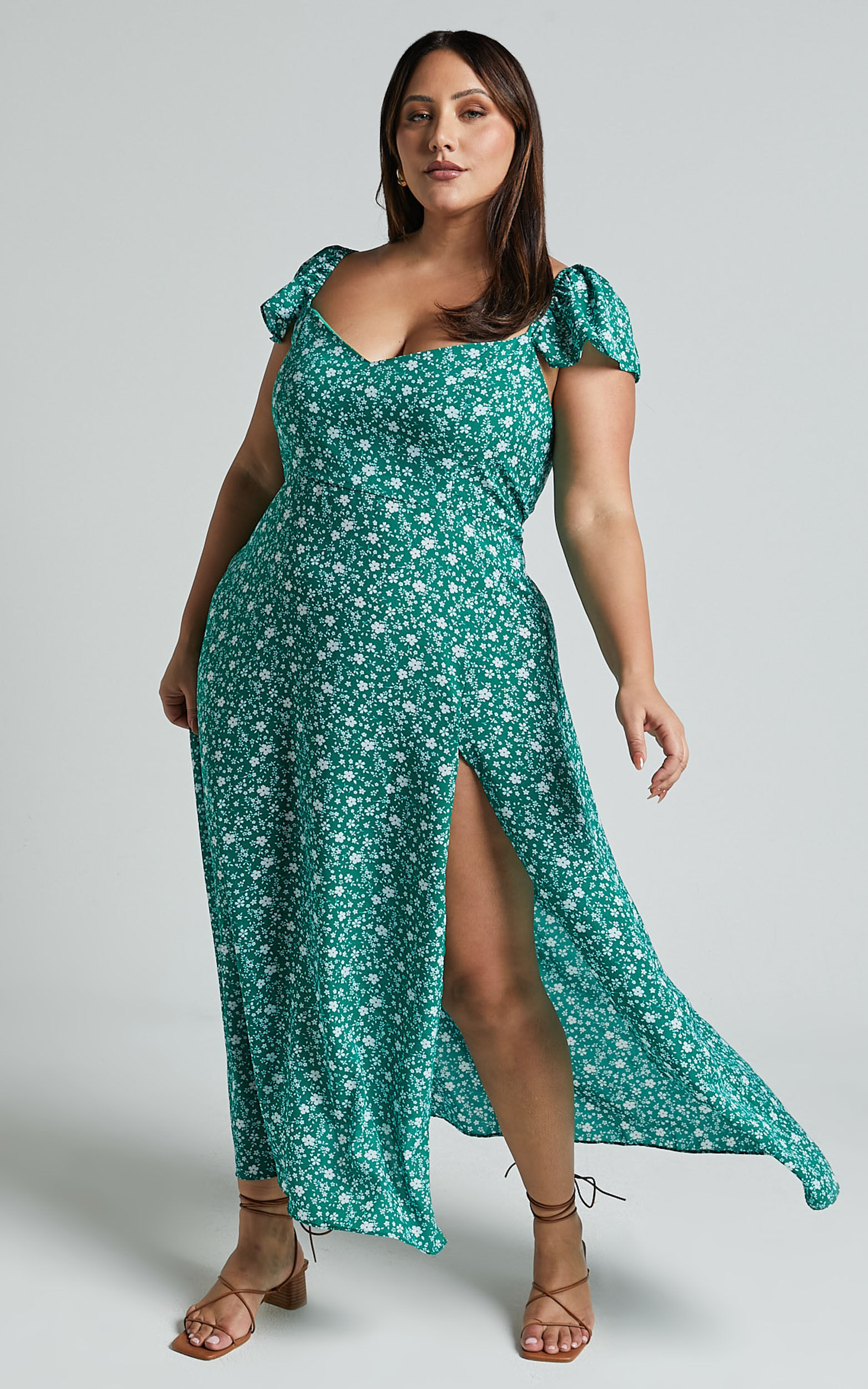 Donissa Midi Dress Thigh Split Flutter Sleeve Dress in Green Showpo