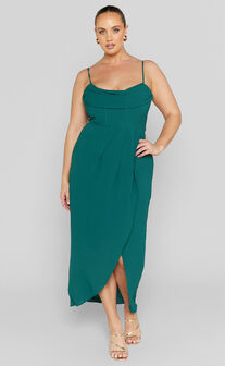 Andrina Midi Dress - High Low Wrap Corset Dress in Forest Green