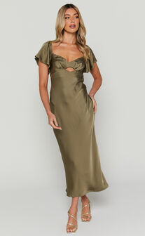 Carlyn Midi Dress - One Shoulder Ruched Dropped Waist Dress in Green