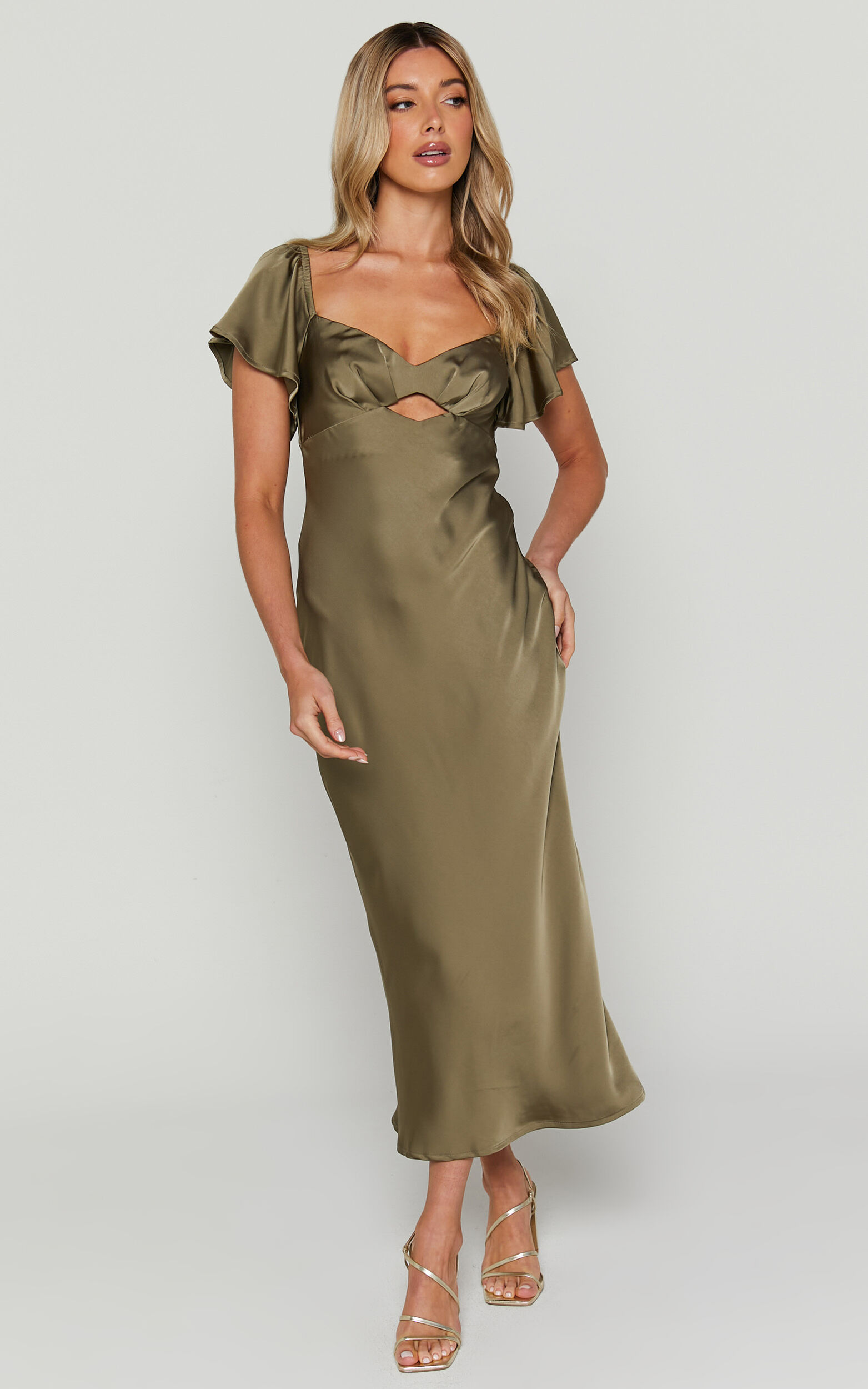 Emberlynn Midi Dress - Flutter Sleeve Cut Out Satin Dress in Dark Olive - 06, GRN1