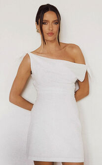 Jeofina Mini Dress - Off The Shoulder Linen Look Dress in White