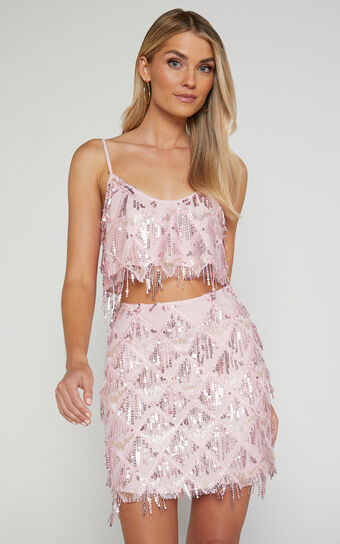 Khrizza Top - Sequin Diamond Mesh Cropped Cami Top in Pink