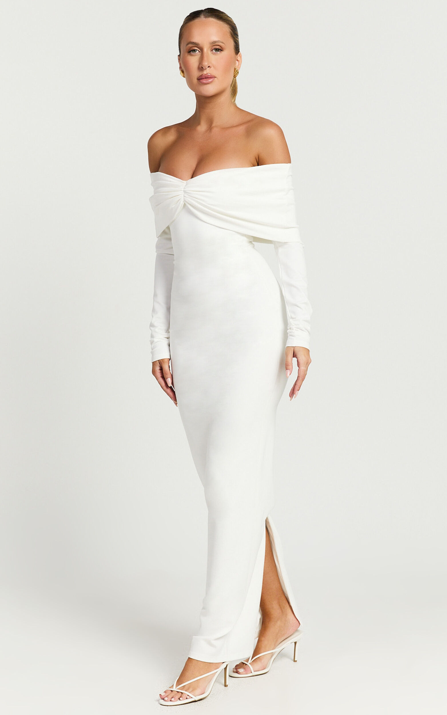 Rani Midi Dress - Off Shoulder Long Sleeve Bodycon Dress in Off White ...