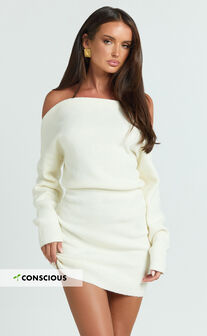 Seraphine Mini Dress - Off Shoulder Long Sleeve Brushed Knit Mini Dress in Cream