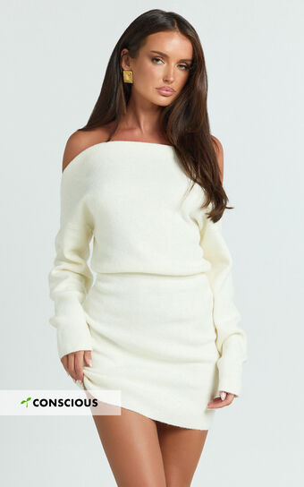 Seraphine Mini Dress - Off Shoulder Long Sleeve Brushed Knit Mini Dress in Cream