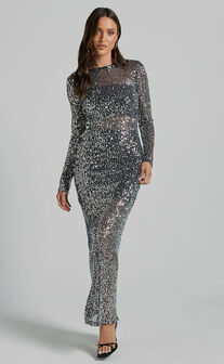 Nicky Maxi Dress - Sequin Long sleeve maxi in Black
