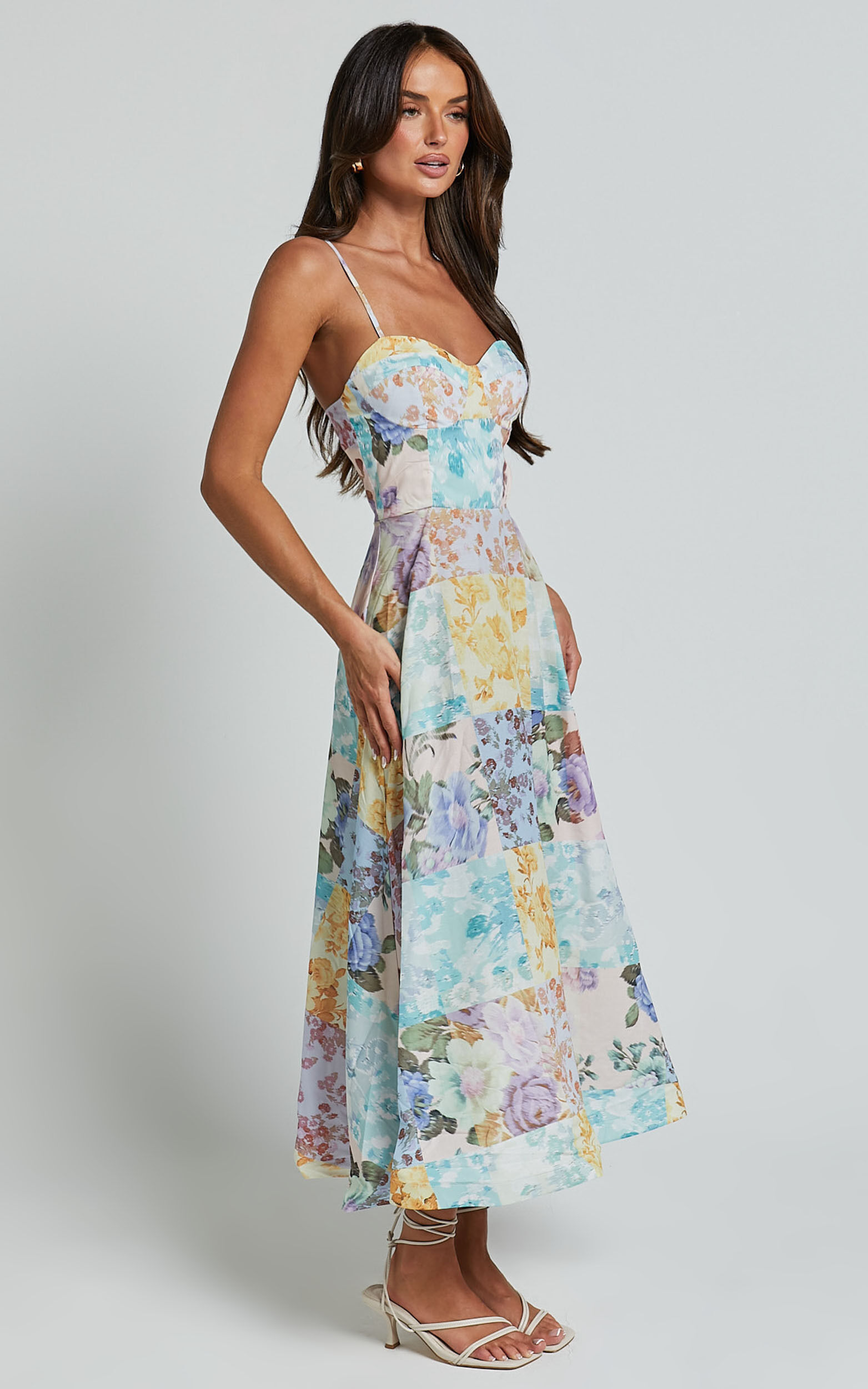 Robertson Midi Dress - Strappy Sweetheart Bustier Flare Dress in Vintage  Floral