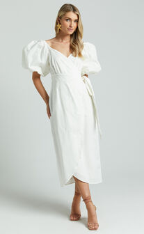 Amalie The Label - Maelle Linen Blend Short Puff Sleeve Wrap Midi Dress in White