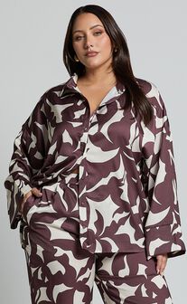 Janissa Shirt - Long Sleeve Satin Shirt in Brown Floral