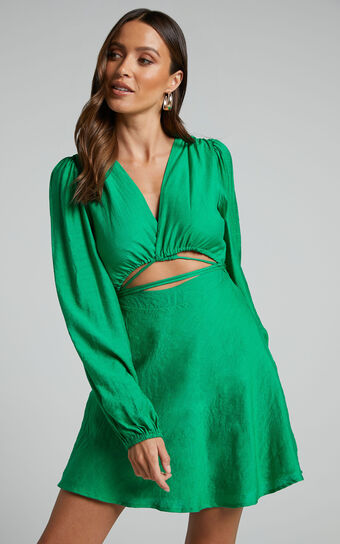Beatrice Mini Dress - Front Cut Out Tie Waist Long Sleeve Plunge Dress in Green