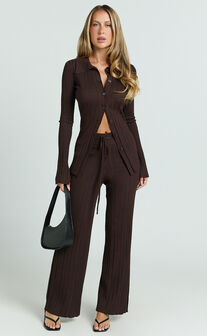 Kelsey Pants - High Drawstring Waist Knit Pants in Chocolate