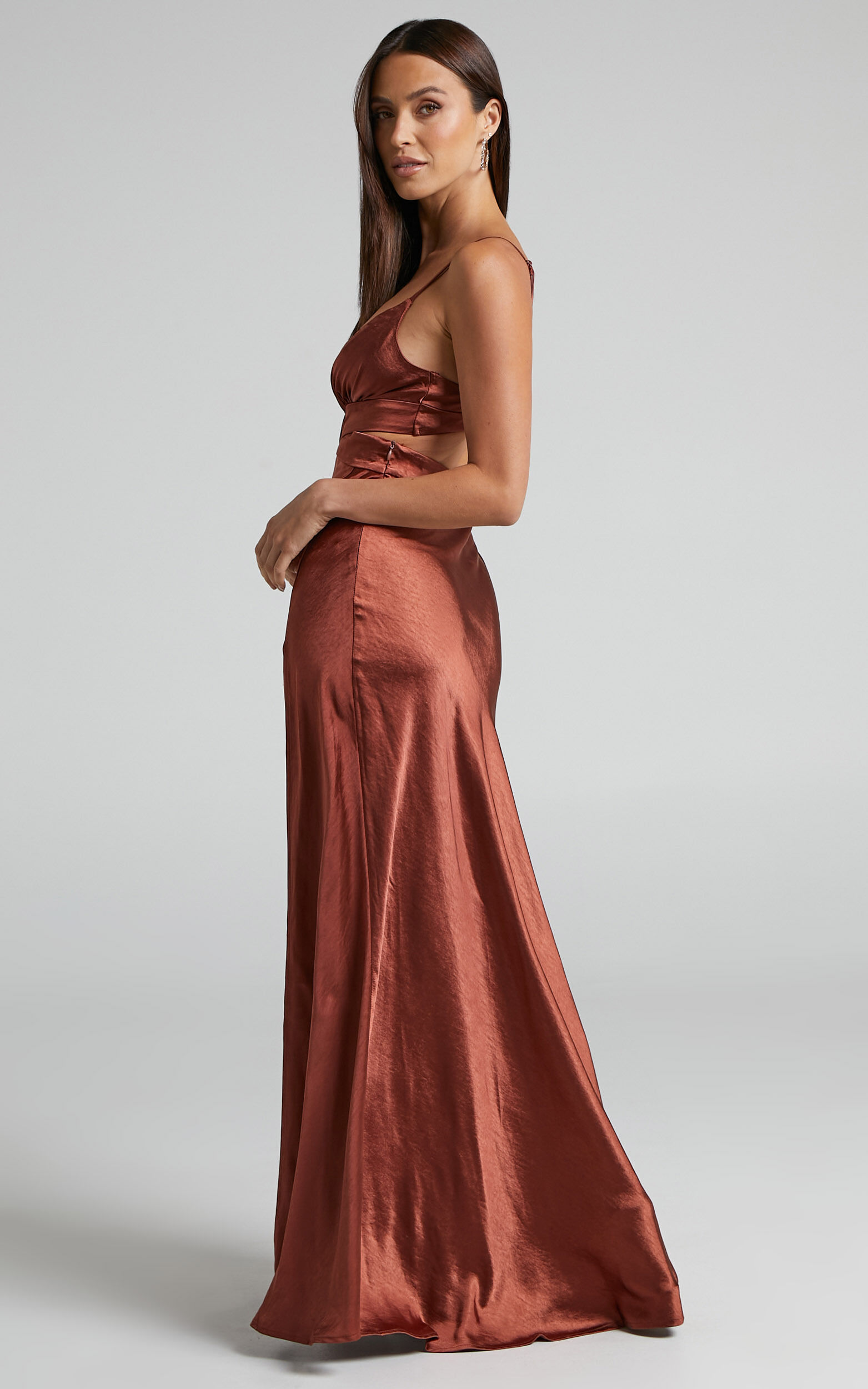 Precious Maxi Dress Plunge Cut Out Double Split Dress in Bronze Showpo USA