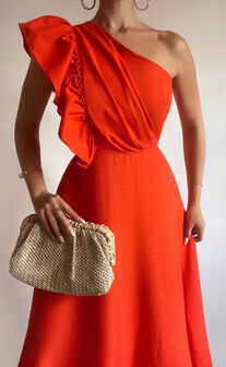Dixie Midi Dress - Linen Look One Shoulder Ruffle Dress in Red Orange