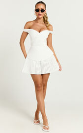 Izara Mini Dress - Off Shoulder Pleated Dress in Off White | Showpo