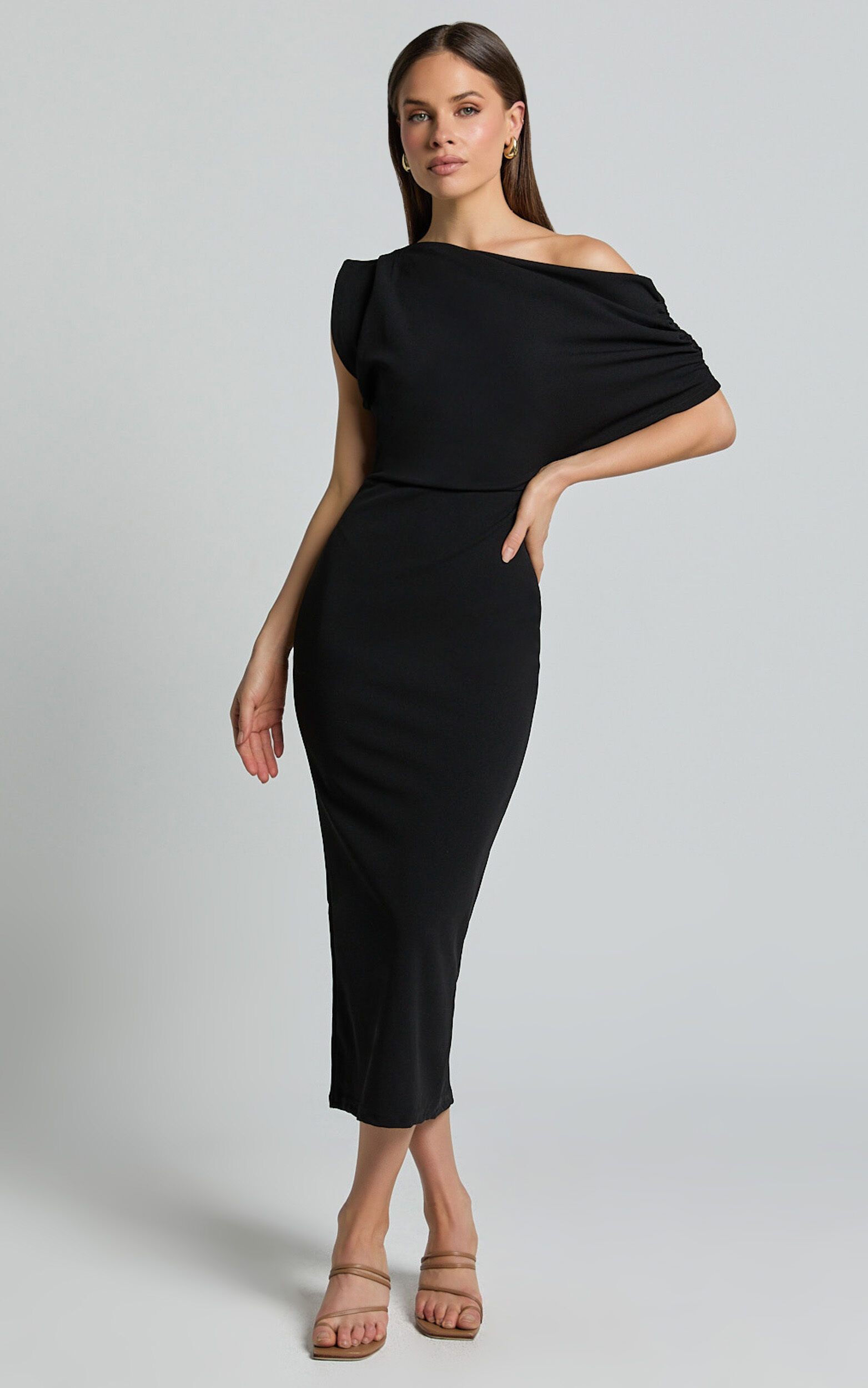 Nalfie Midi Dress - Tipped Shoulder Jersey Drape Dress in Black - 06, BLK1