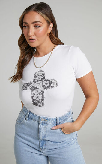 Rolla's - FLORAL CROSS TIGHT RIB TEE in White