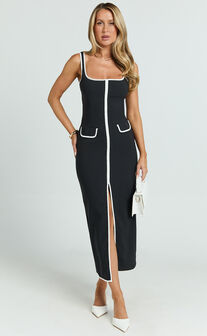 Xyra Midi Dress - Square Neck Contrast Bind Fitted Dress in Black