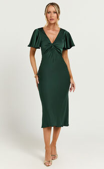 Amartina Midi Dress - V Neck Twist Bodice Flutter Sleeve Dress in Forest Green