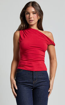 Jialeen Top - Off Shoulder Twist Asymmetrical Sleeve Top in Red