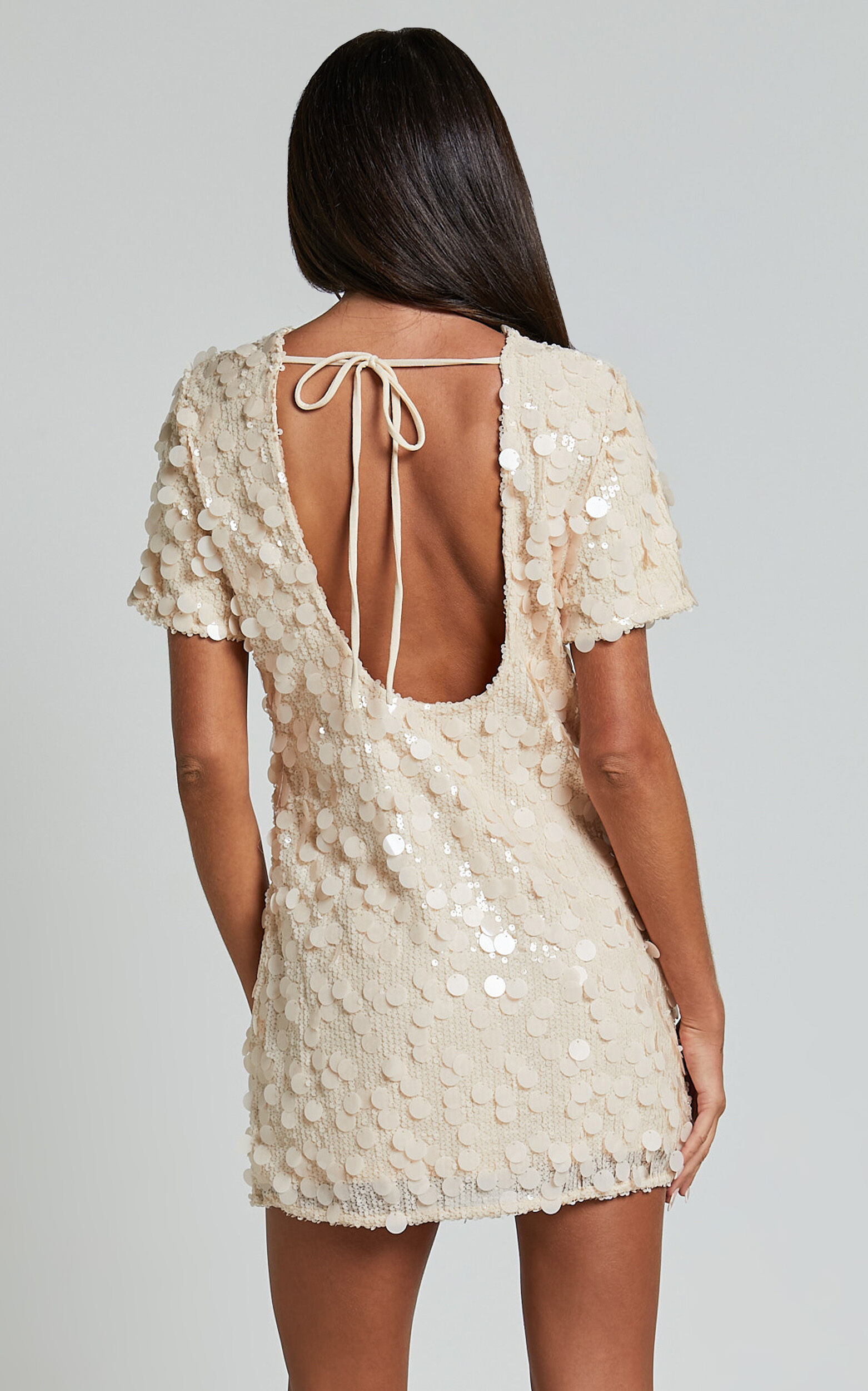 Drea Mini Dress Short Sleeve Low Back Sequin Dress in Cream