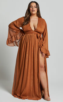 Dangerous Woman Maxi Dress - Plunge Thigh Split Dress in Rust