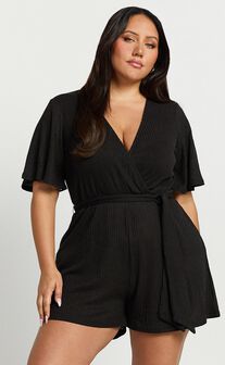 Cecilia Playsuit - Short Sleeve Belted Wrap Playsuit in Black