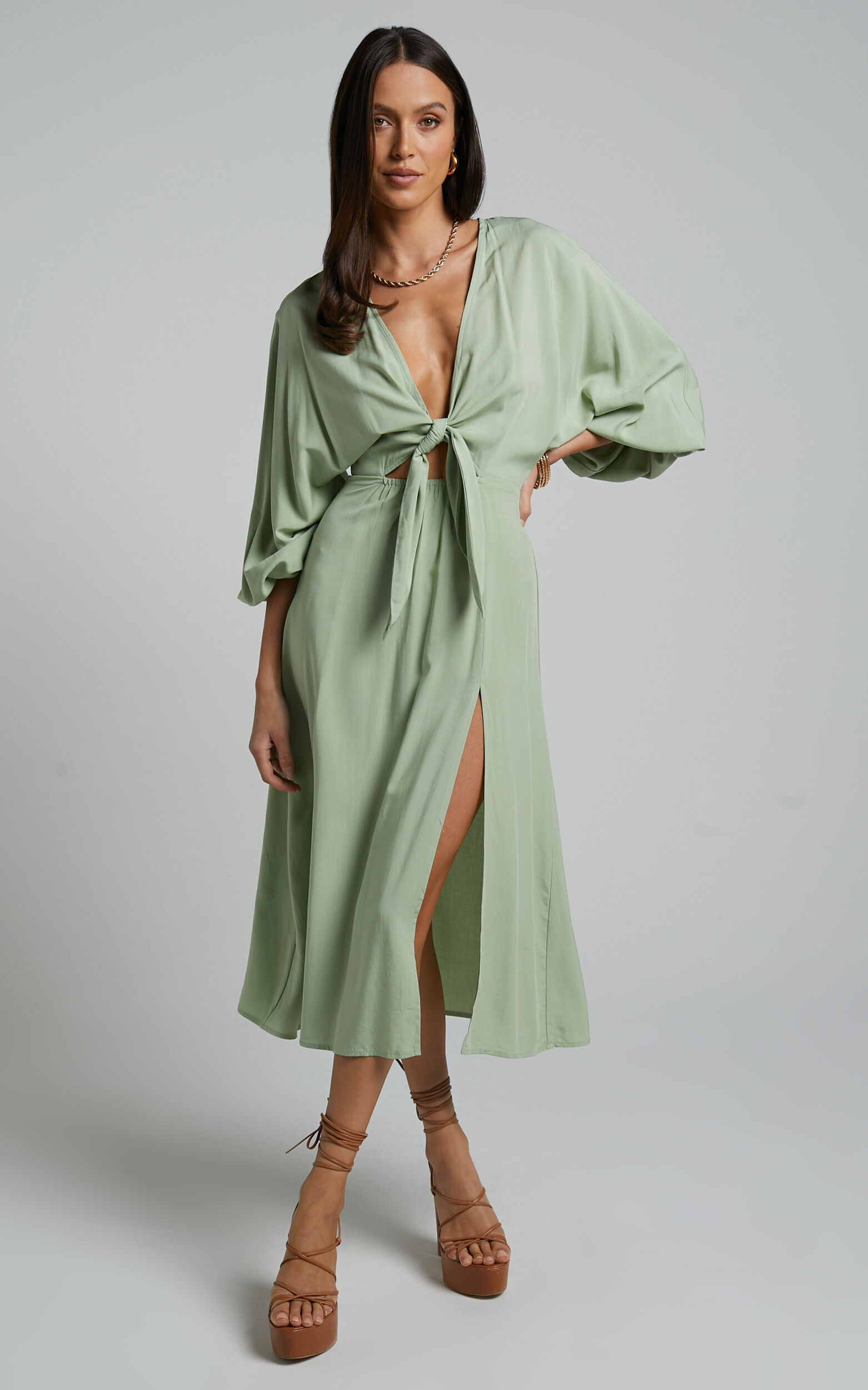 Tyricia Midi Dress Long Sleeve Tie Front Cut Out Dress in Sage