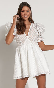 Freya Mini Dress - Puff Sleeve V Neck A Line Dress in White