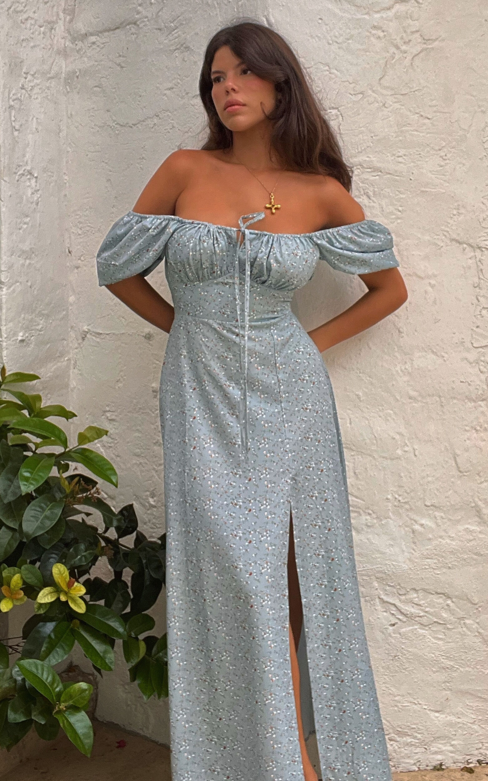 Zenny Midi Dress - Ruched Bust Floral Dress in Light Blue - 04, BLU1