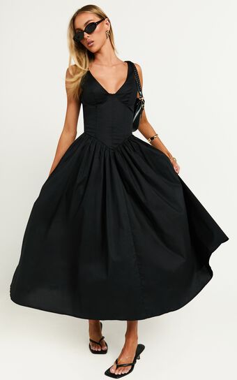 Beckett Midi Dress - Scoop Neck Drop V Waist Gathered Skirt Dress in Black