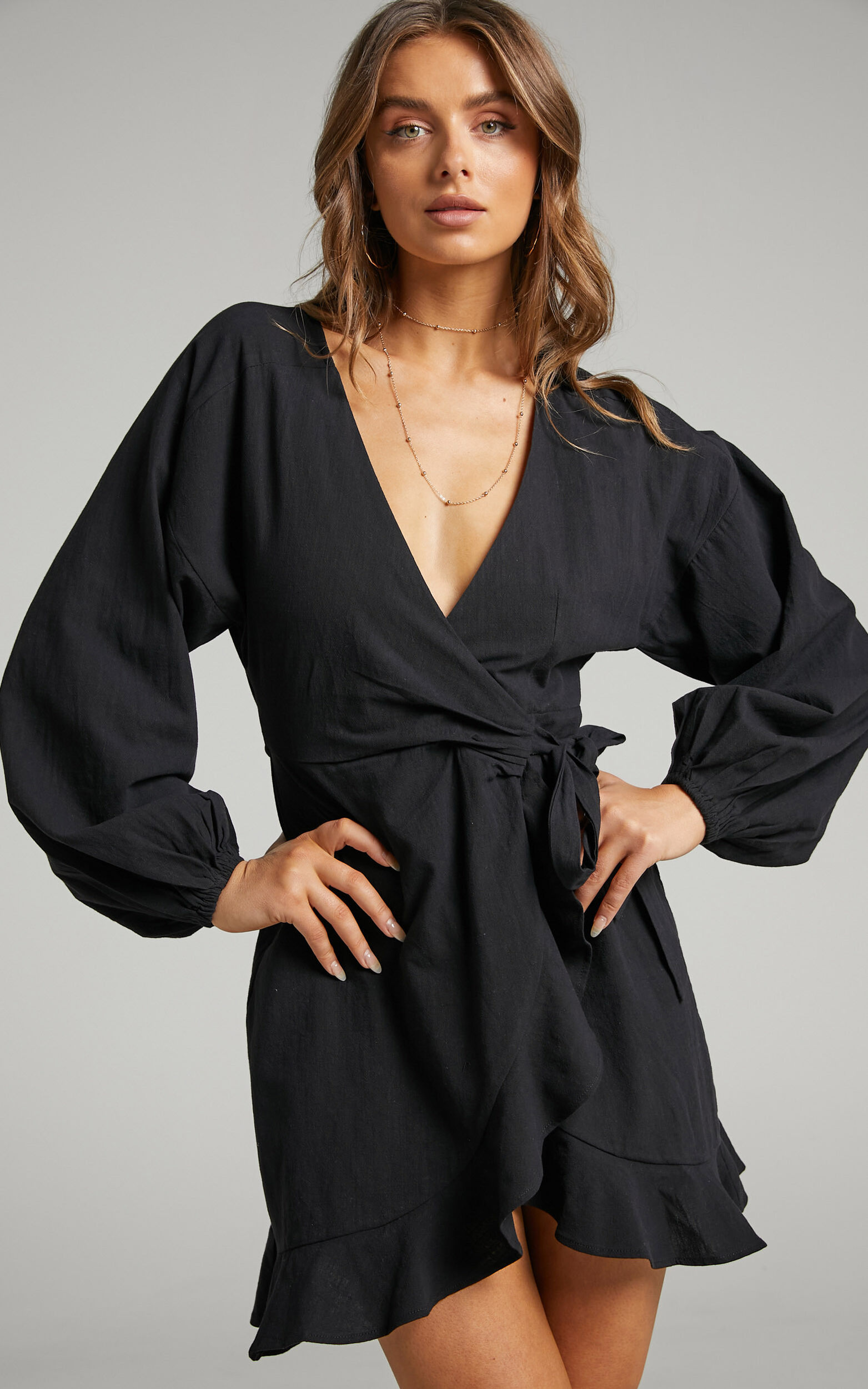 Francoise Mini Dress - Long Sleeve Wrap Dress in Black - 12, BLK1