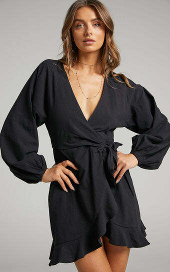 Francoise Mini Dress - Long Sleeve Wrap Dress in Black