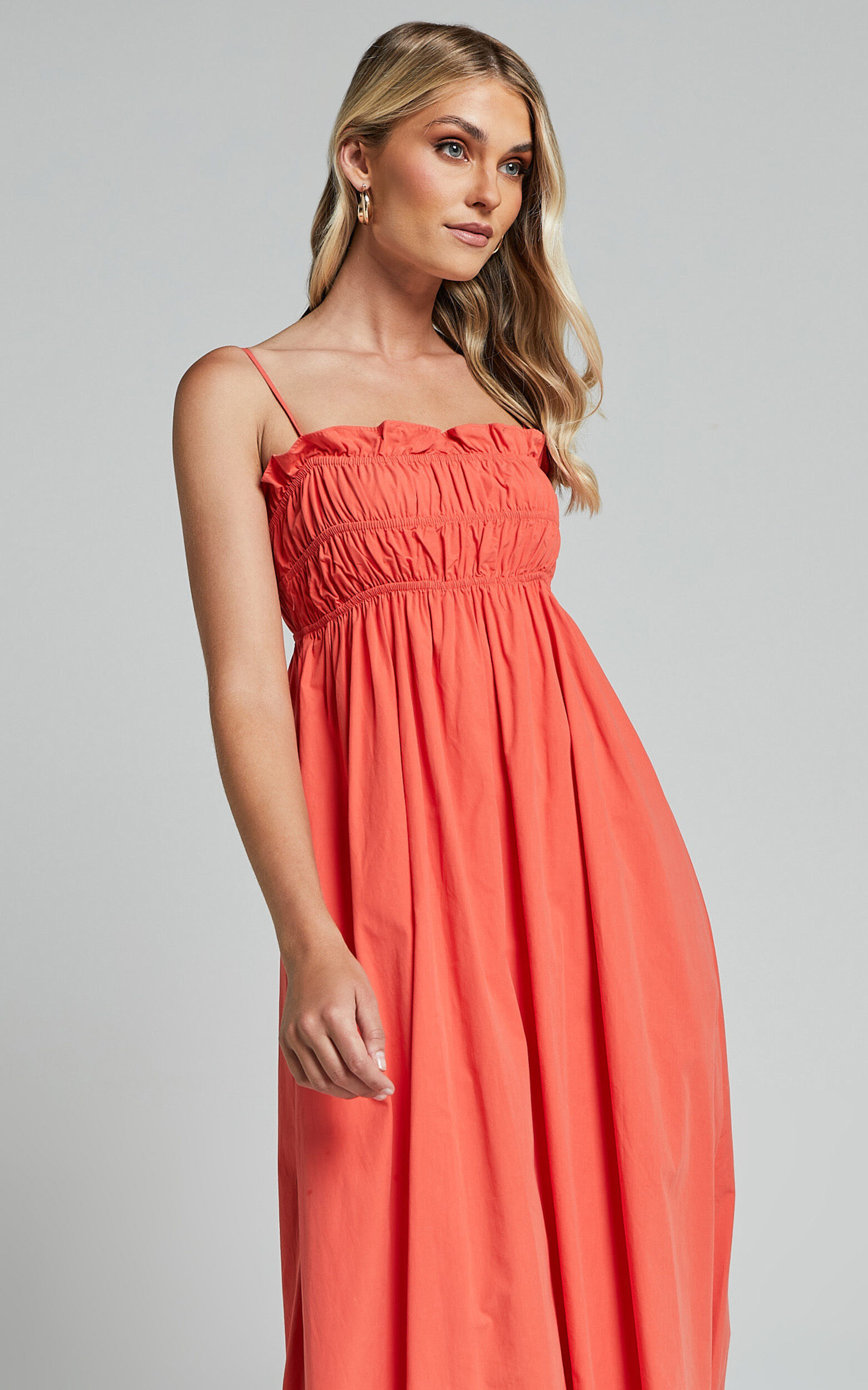 Aurora Midi Dress Straight Neckline Sleeveless Dress in Orange Red Showpo USA
