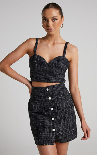 Bjorn Two Piece Set - Boucle Tweed Sweetheart Bralette and Button Up Mini Skirt in Black