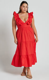 Levona Midi Dress - Ruffle Shoulder Tiered Dress in Cherry Tomato