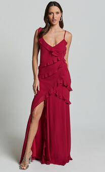 Nitha Maxi Dress - Asymmetrical Frill Thigh Split Dress in Berry