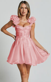 Amber Mini Dress - Sleeveless Ruffle Detail Sweetheart Pleated Dress in Pink