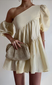 Harleen Mini Dress - Linen Look Asymmetrical Trim Puff Sleeve Dress in Beige