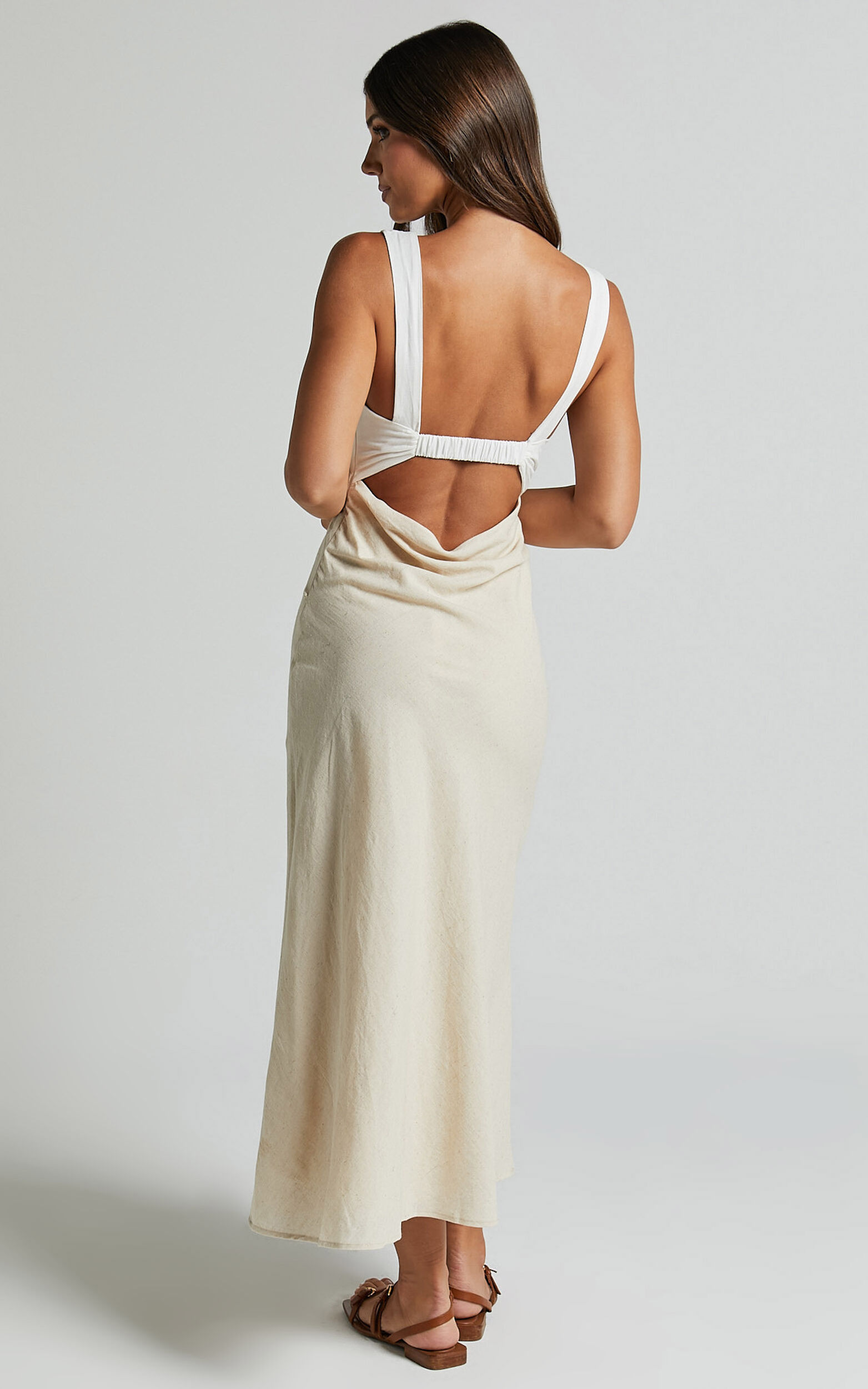 Dovie Midi Dress - Linen V Neck Low Back Cut Out Flare Dress in Beige and White | Showpo USA